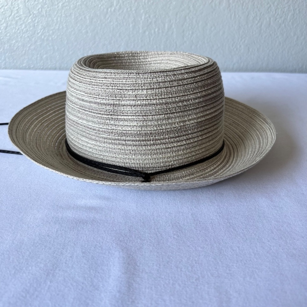 *FIRM PRICE* Scala gray and tan woven hat with leather strap and drawstring inte - Picture 5 of 15